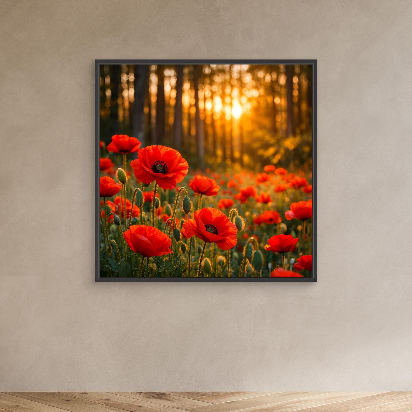Leinwandbild mit roten Mohnblumen im goldenen Wald bei Sonnenuntergang, schwarzer Rahmen