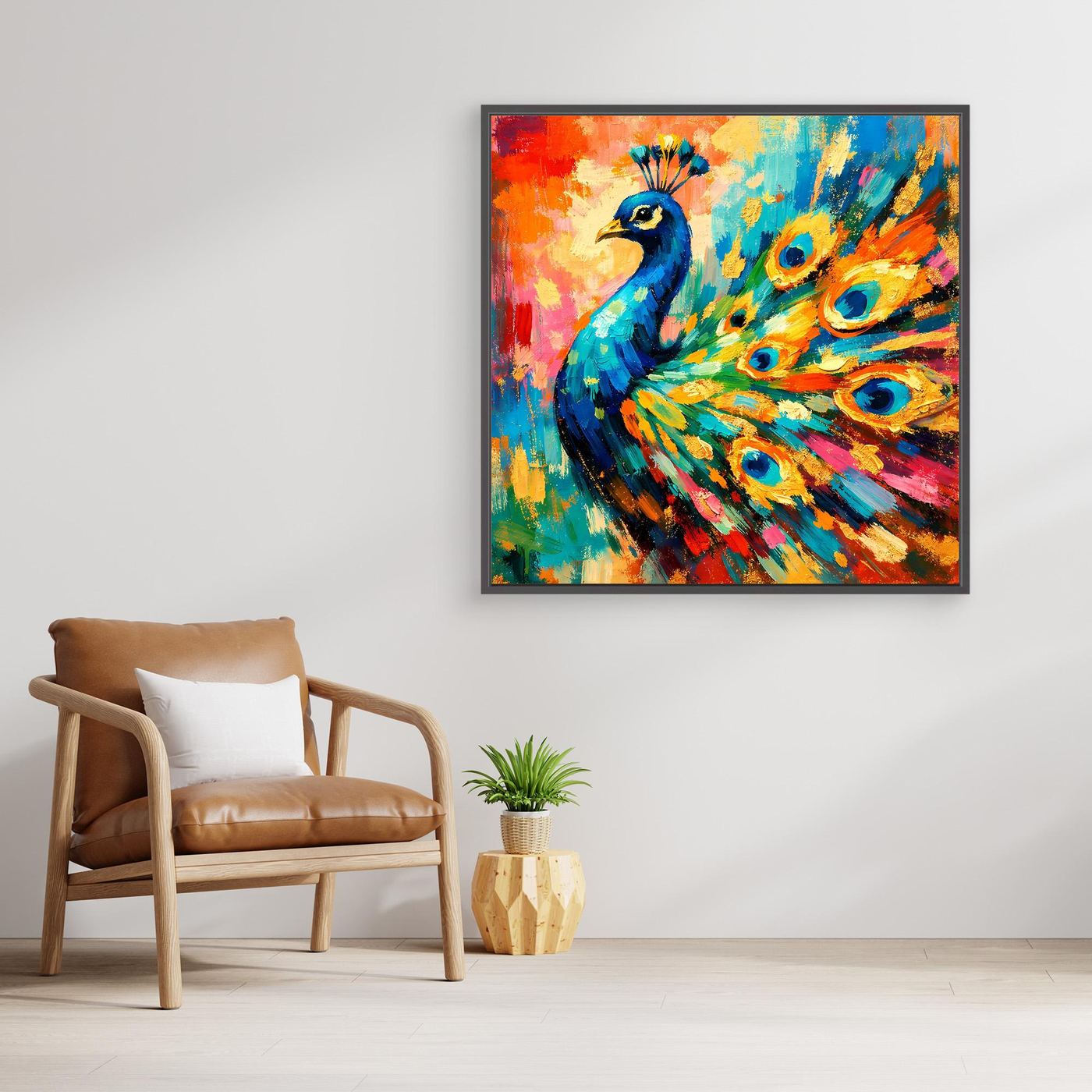 Leinwandbild mit abstraktem Pfau in Blau und Grün, bunte Farbflächen, mit Rahmen