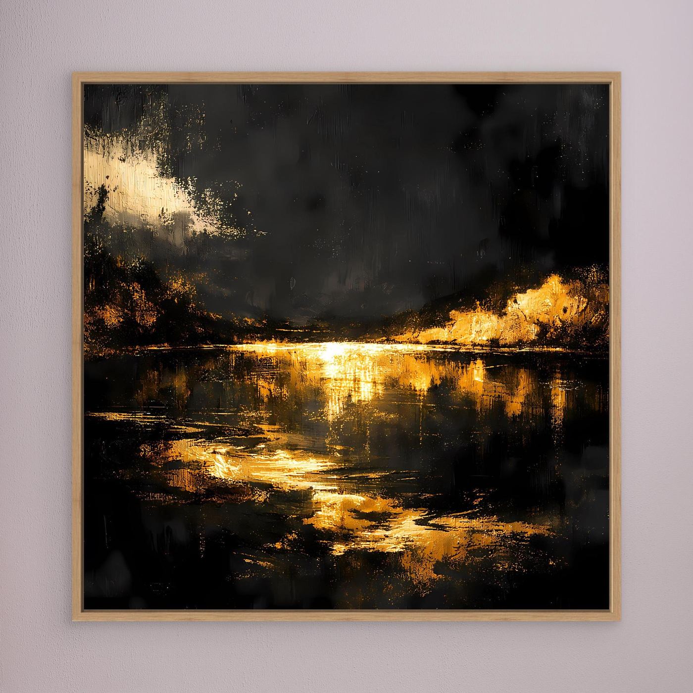 Leinwand Goldene Flusslandschaft bei Nacht | Abstraktes Natur Wandbild Moderne Kunst