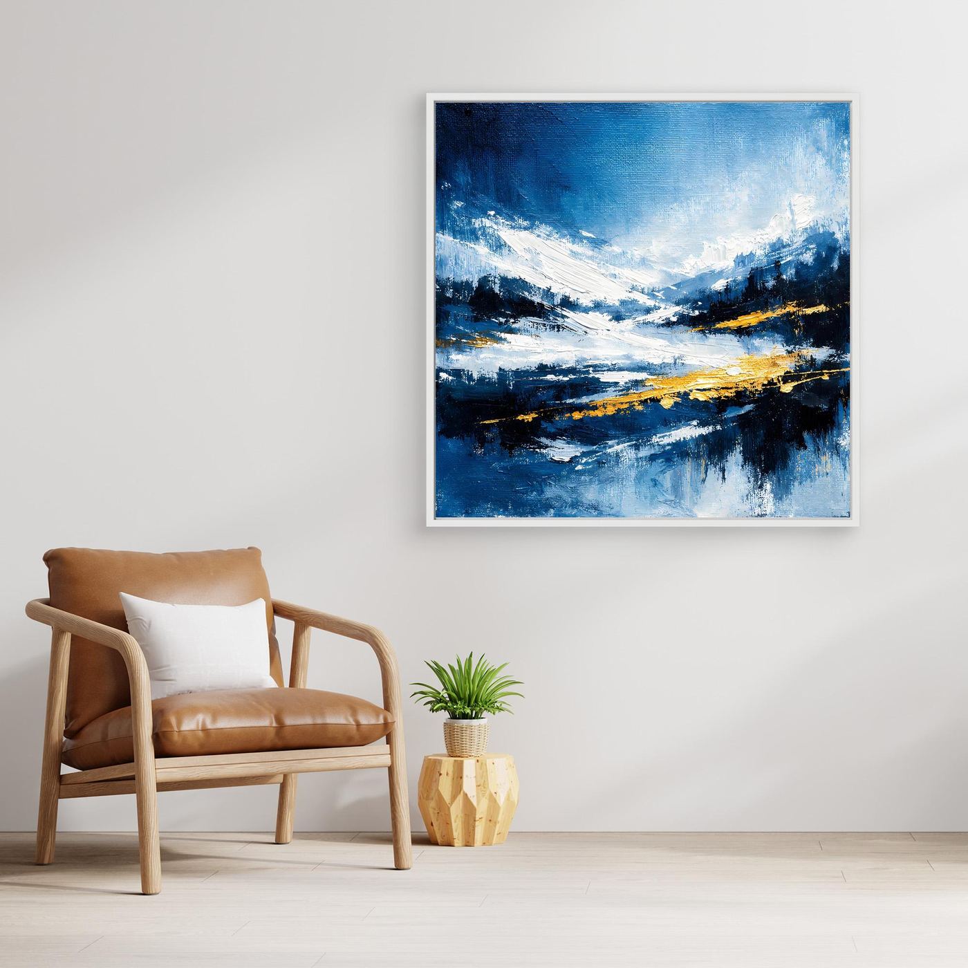 Leinwand Abstraktes Wintergemälde in Blau und Gold | Modernes Schnee & Berge Wandbild