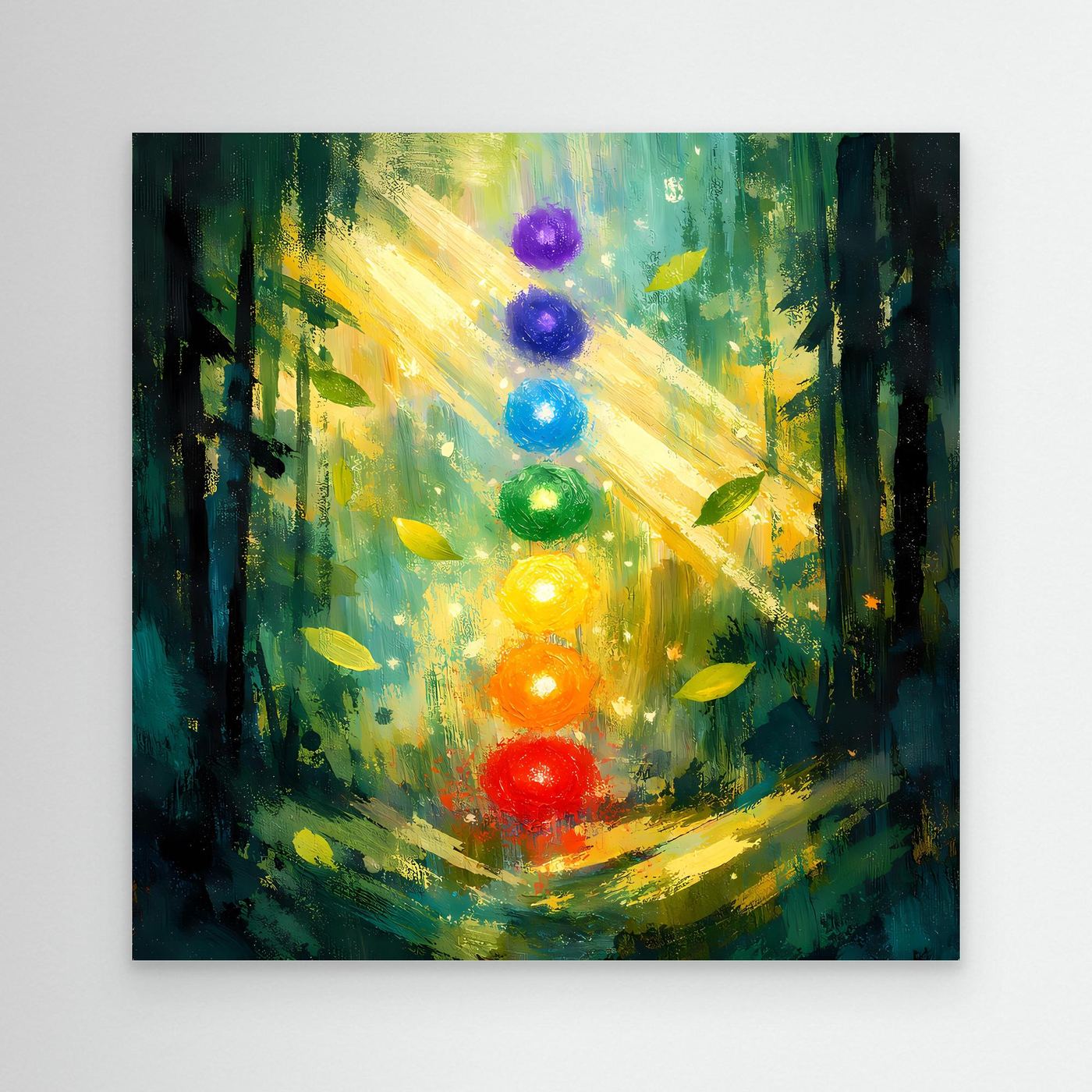 Leinwand-Wandbild mit Waldmotiv, leuchtenden sieben Chakren in Regenbogenfarben, ohne Rahmen.