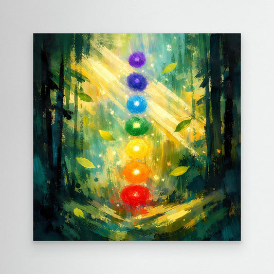 Leinwand-Wandbild mit Waldmotiv, leuchtenden sieben Chakren in Regenbogenfarben, ohne Rahmen.