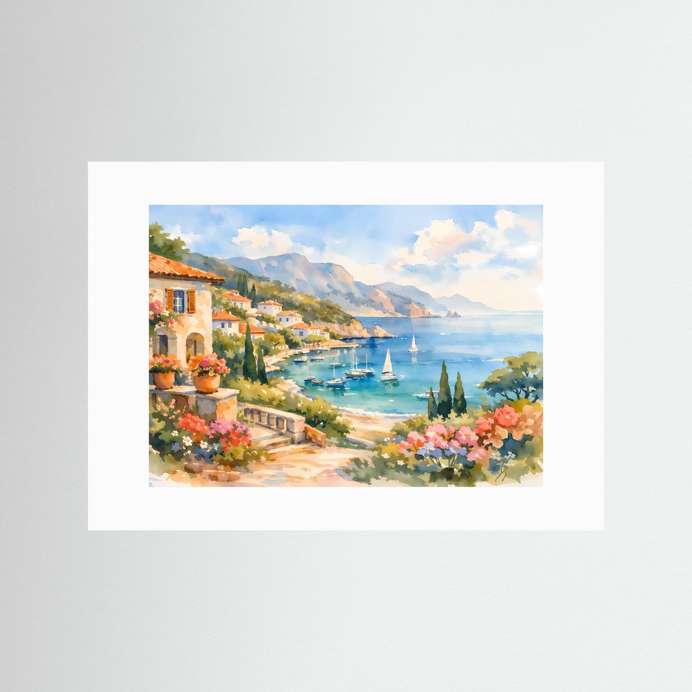 Mittelmeer Küstendorf im Aquarell-Stil | Mediterranes Panorama Poster Querformat