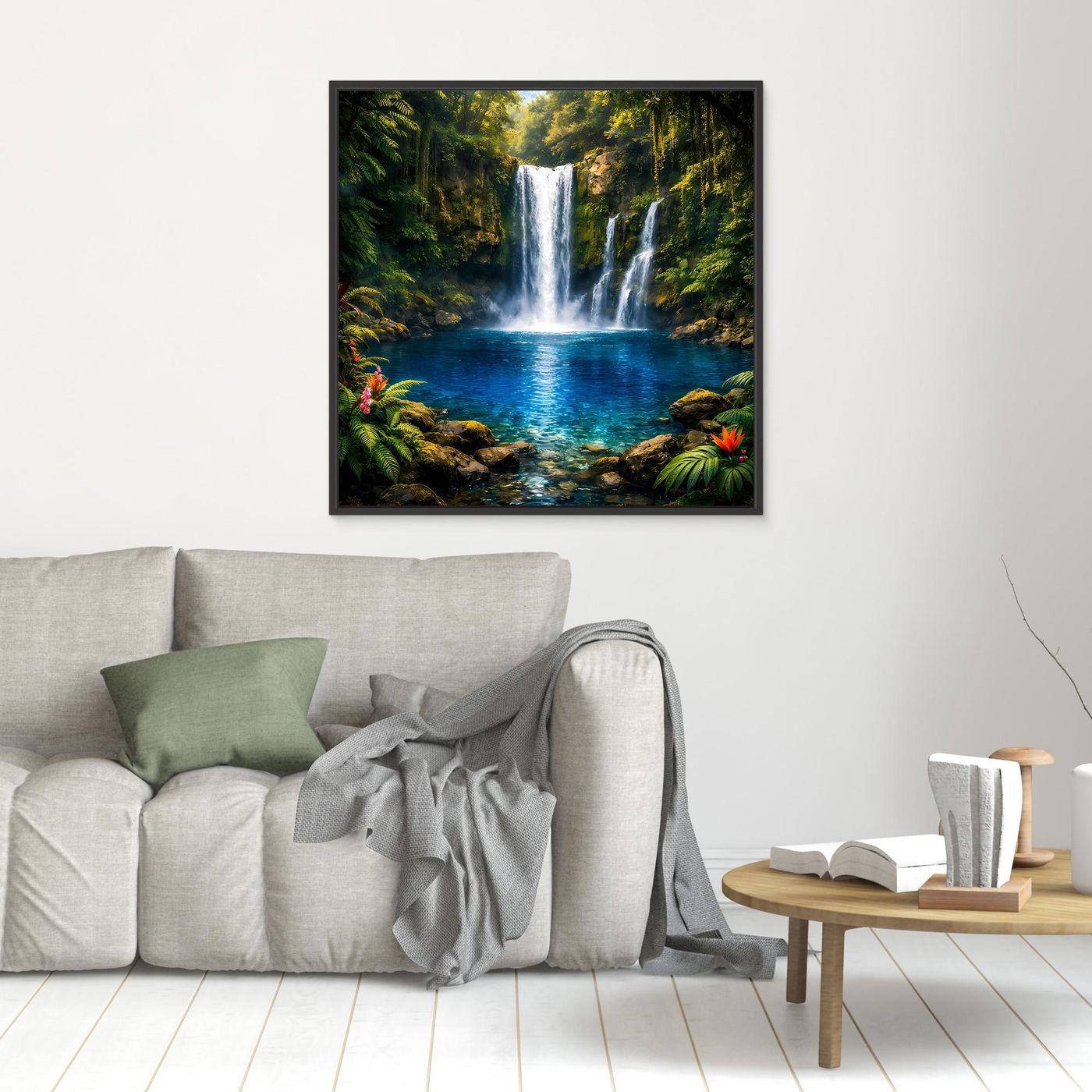 Leinwandbild tropischer Wasserfall im Querformat mit schwarzem Rahmen