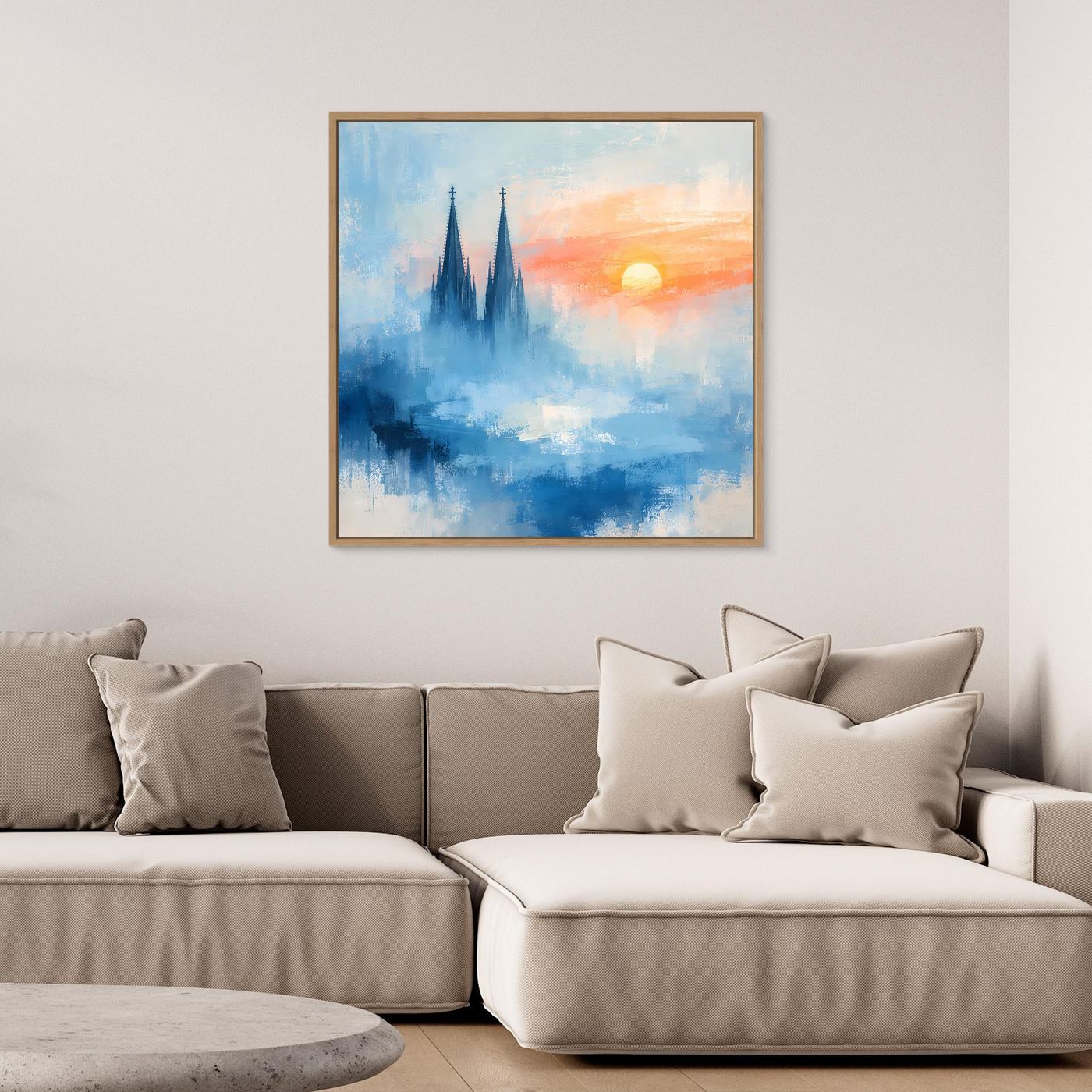Kölner Dom Silhouette in Nebelblau | Moderne Abstrakte Leinwand mit Sonnenaufgang