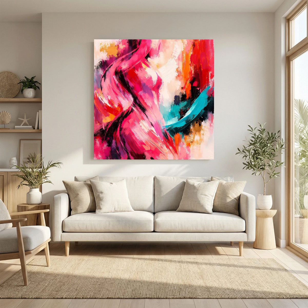 Leinwandbild mit abstrakter weiblicher Silhouette in Rot, Pink und Türkis auf Leinwand