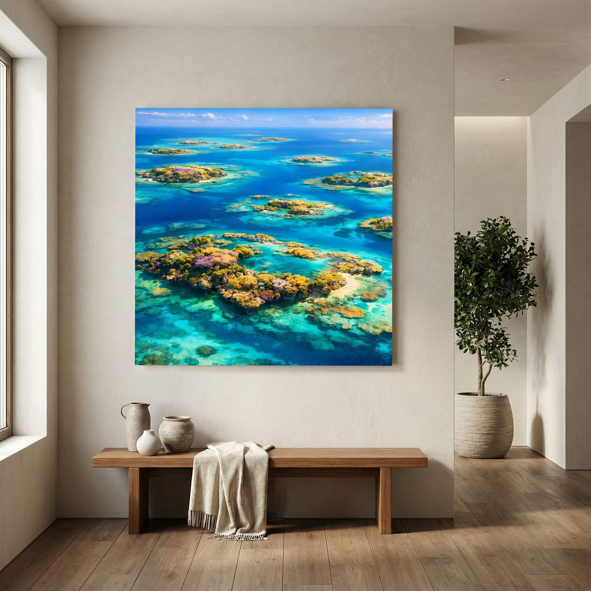 Wandbild: tropisches Atoll auf Holzkeilrahmen, Inselgruppen im türkisblauen Meer mit Korallen