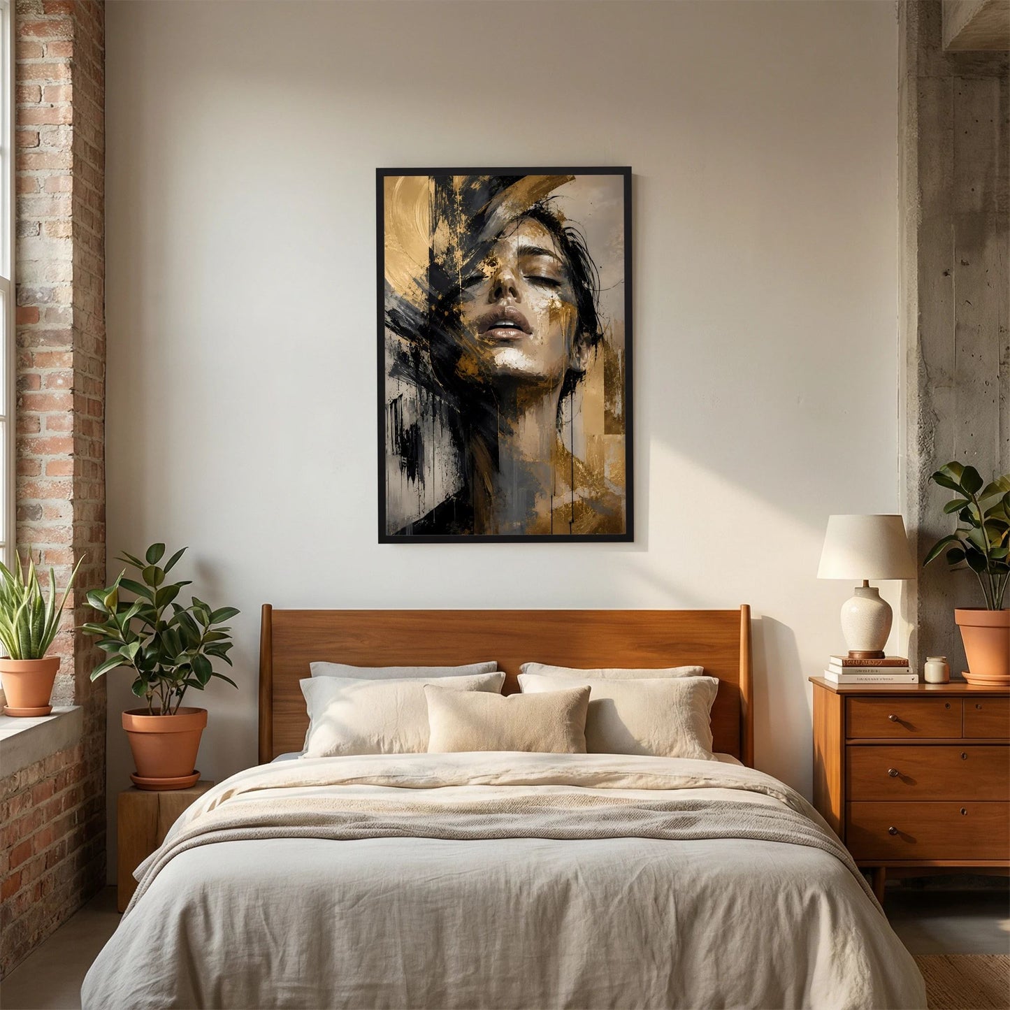 Poster im Hochformat mit abstraktem Frauenporträt in Gold und Schwarz, schwarzer Rahmen