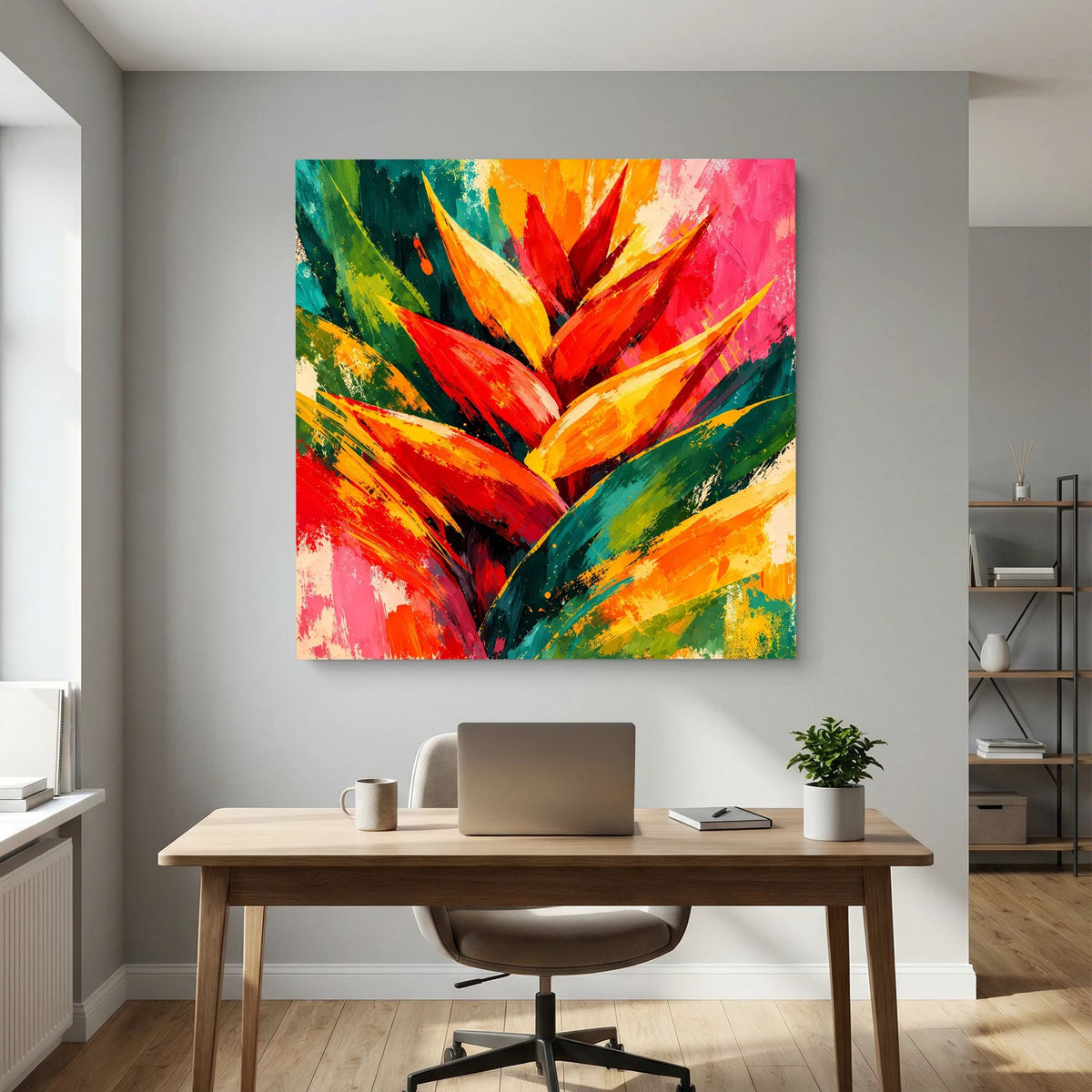 Leinwand Abstrakte Helikonie Blüte | Modernes Tropen Wandbild Bunt Exotisch