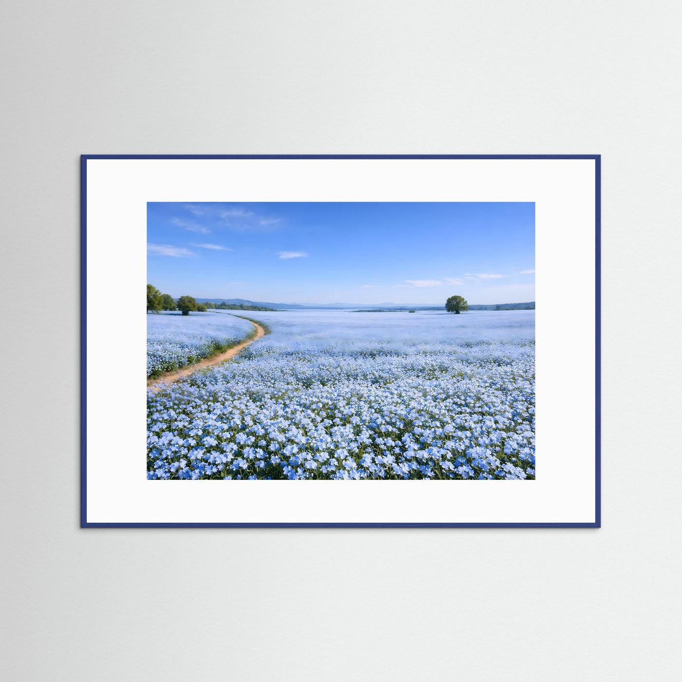 Malerisches Blaues Blumenfeld mit Feldweg | Idyllische Landschaft & Natur Poster Querformat