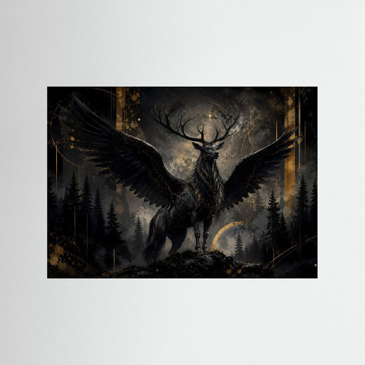 Fantasy-Wandbild: schwarzer Hirsch mit Flügeln, Querformat, schwarzer Rahmen