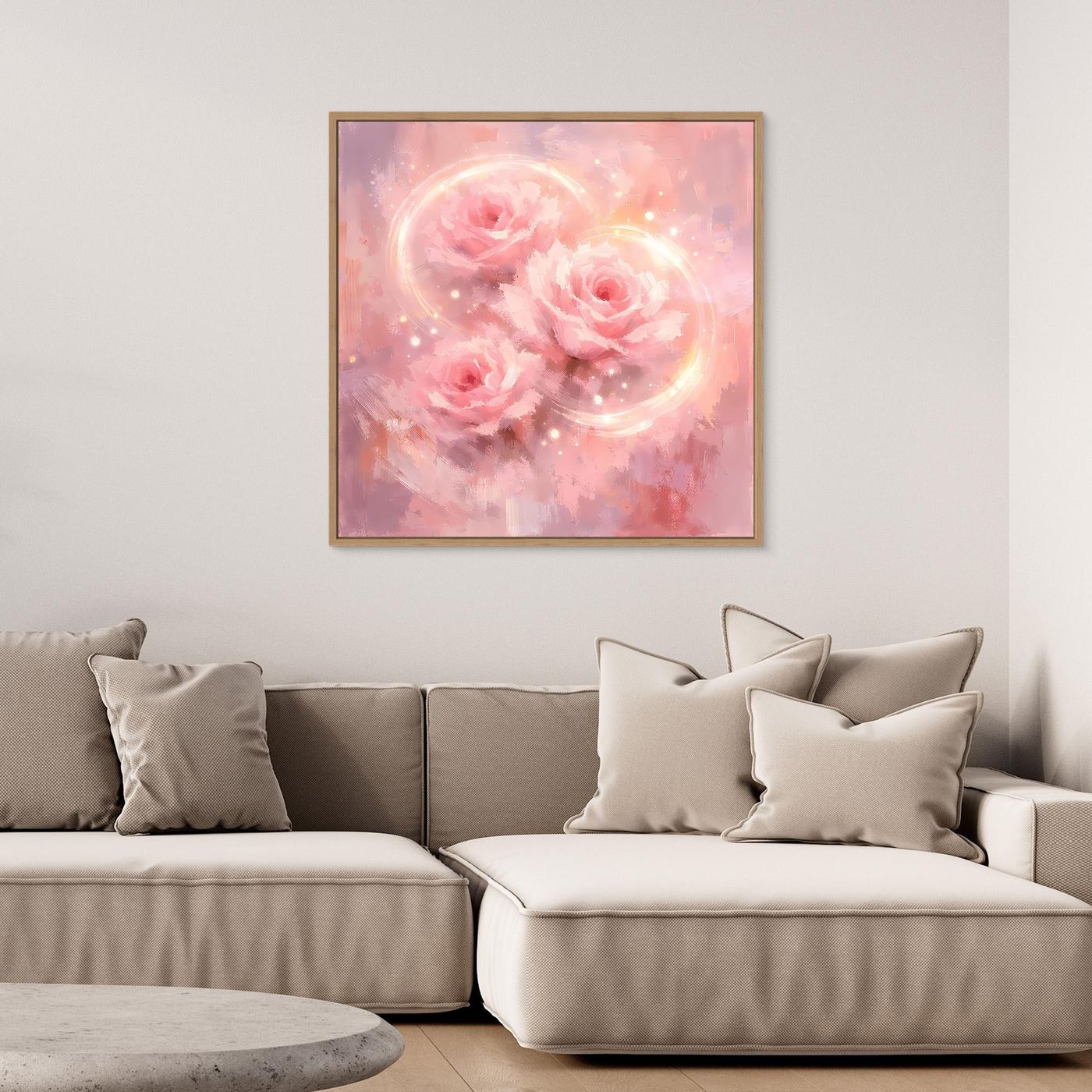 Abstraktes Leinwandbild goldfarben gerahmt, rosafarbene Rosen und schimmernde Kreise