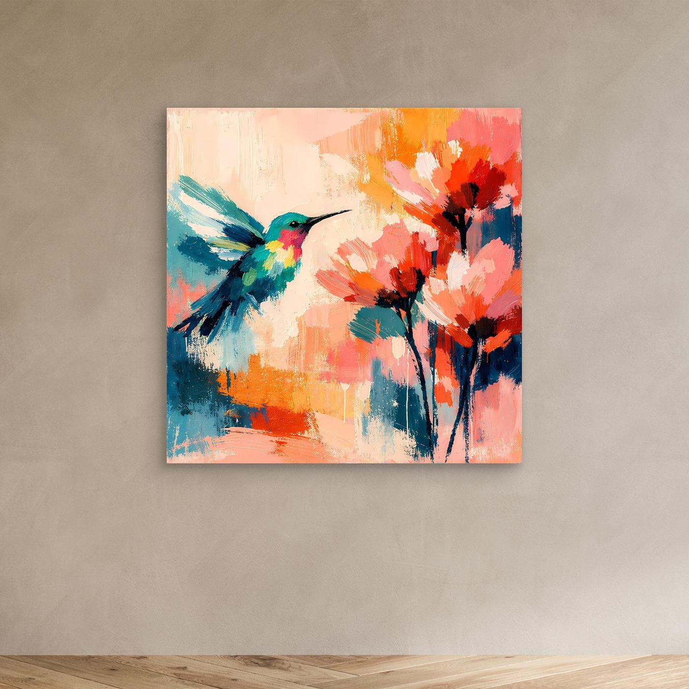 Abstract canvas hummingbird wall art with colorful flowers, no frame