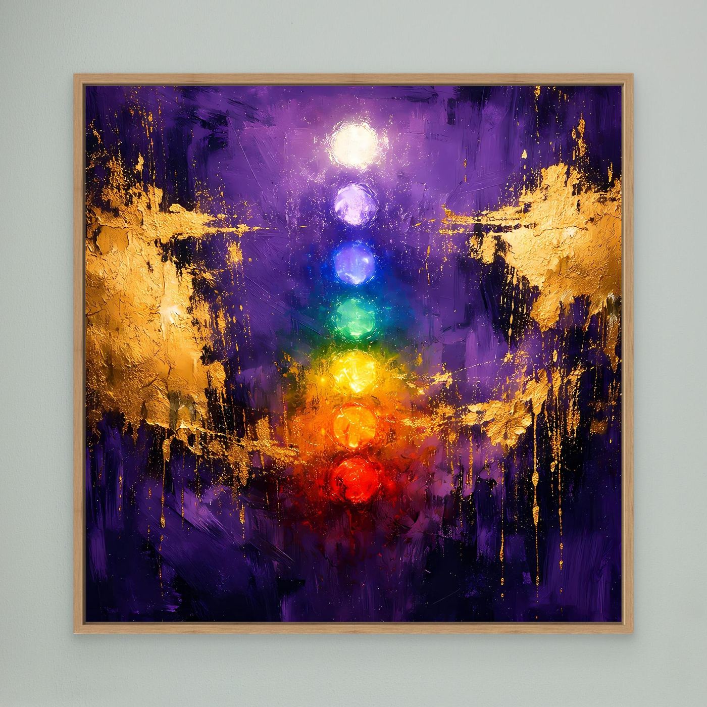 Leinwand Sieben Chakren auf tiefem Violett | Modernes Spirituelles Yoga Wandbild