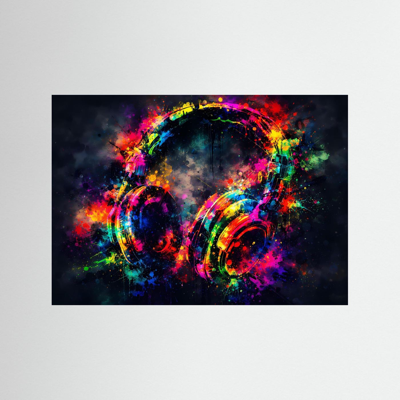 Wandbild-Print mit bunten DJ-Kopfhörern im Pop-Art-Stil, farbenfrohe Spritzgrafik