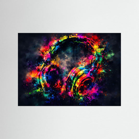 Wandbild-Print mit bunten DJ-Kopfhörern im Pop-Art-Stil, farbenfrohe Spritzgrafik