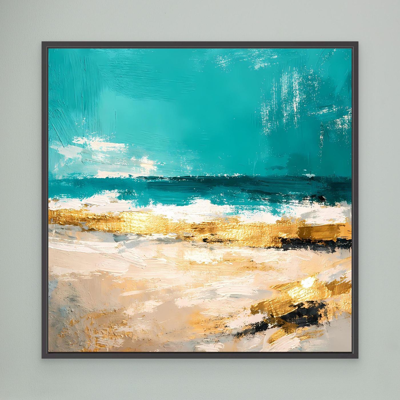 Leinwand Abstraktes Strandgemälde in Türkis und Gold | Modernes Meer Wandbild