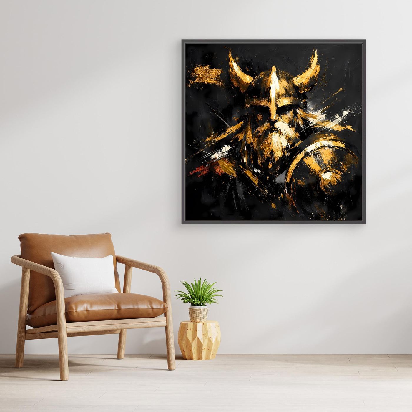 Leinwand Goldener Wikinger mit Schild | Abstraktes Nordmann Wandbild Modern