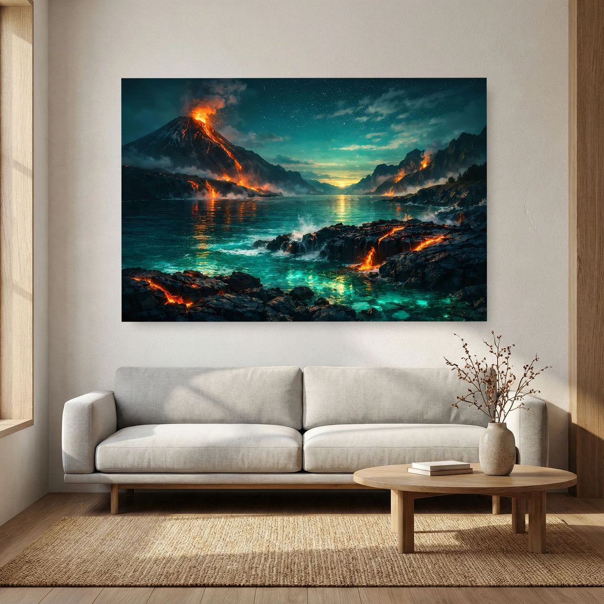 Querformatiges Wandbild: Meerblick mit Vulkanen, orange glühende Lava und Sonnenuntergang