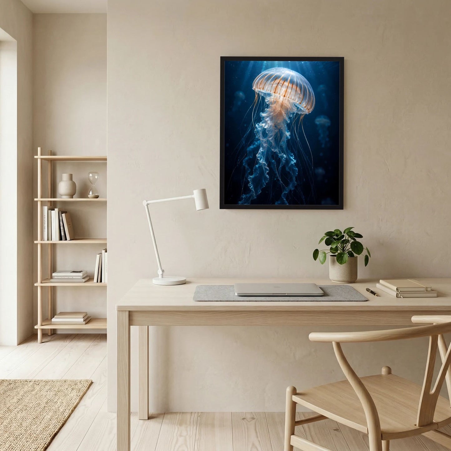 Wandposter mit blauer Qualle unter Wasser im schwarzen Rahmen