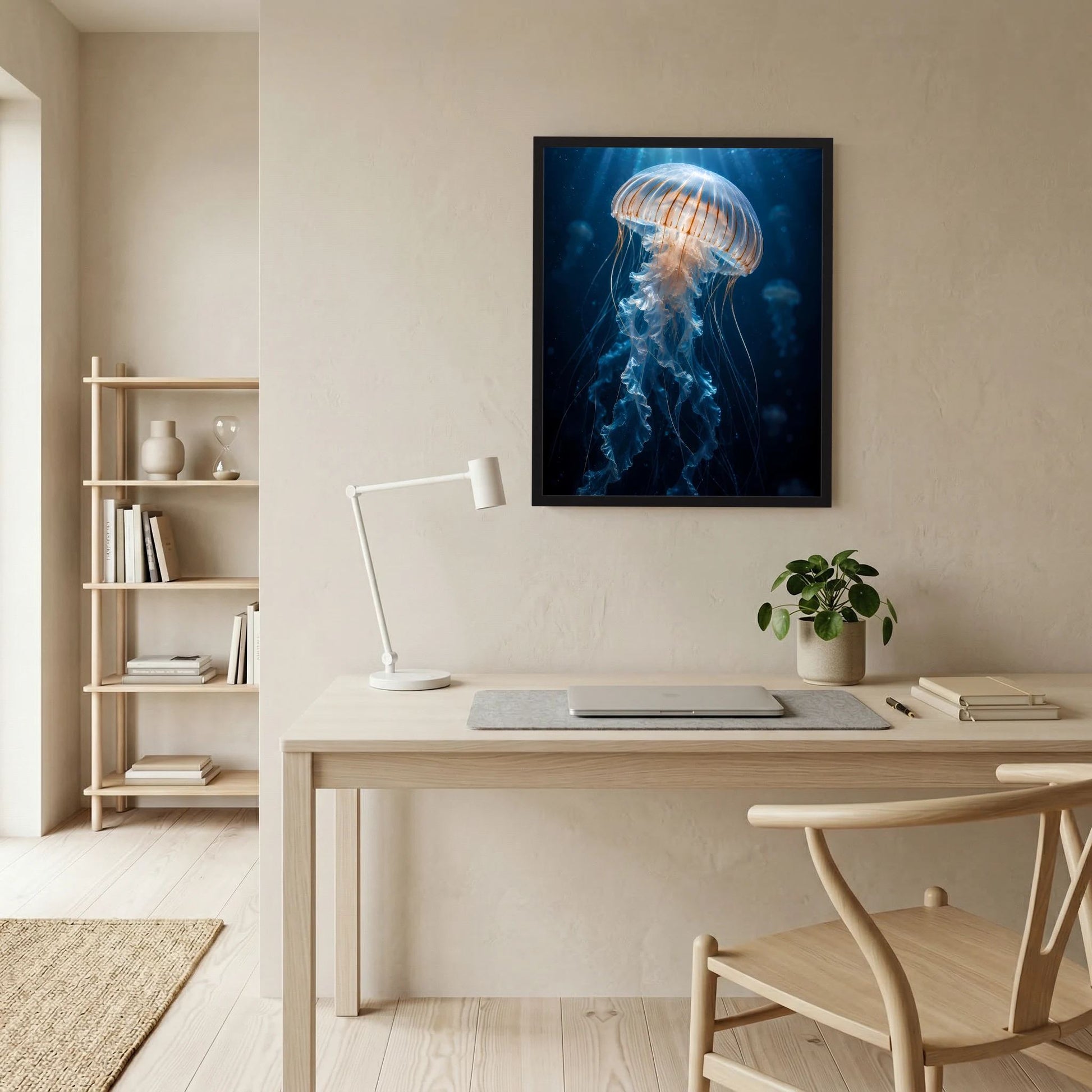 Wandposter mit blauer Qualle unter Wasser im schwarzen Rahmen