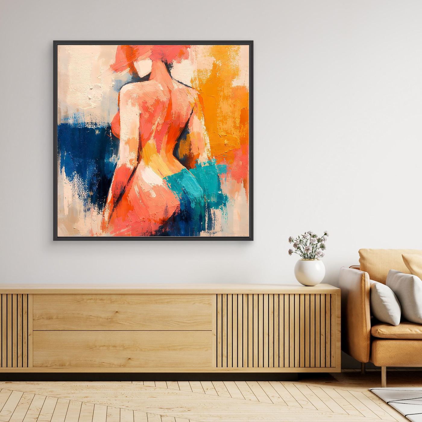 Canvas wall art of abstract nude female back silhouette, black frame
