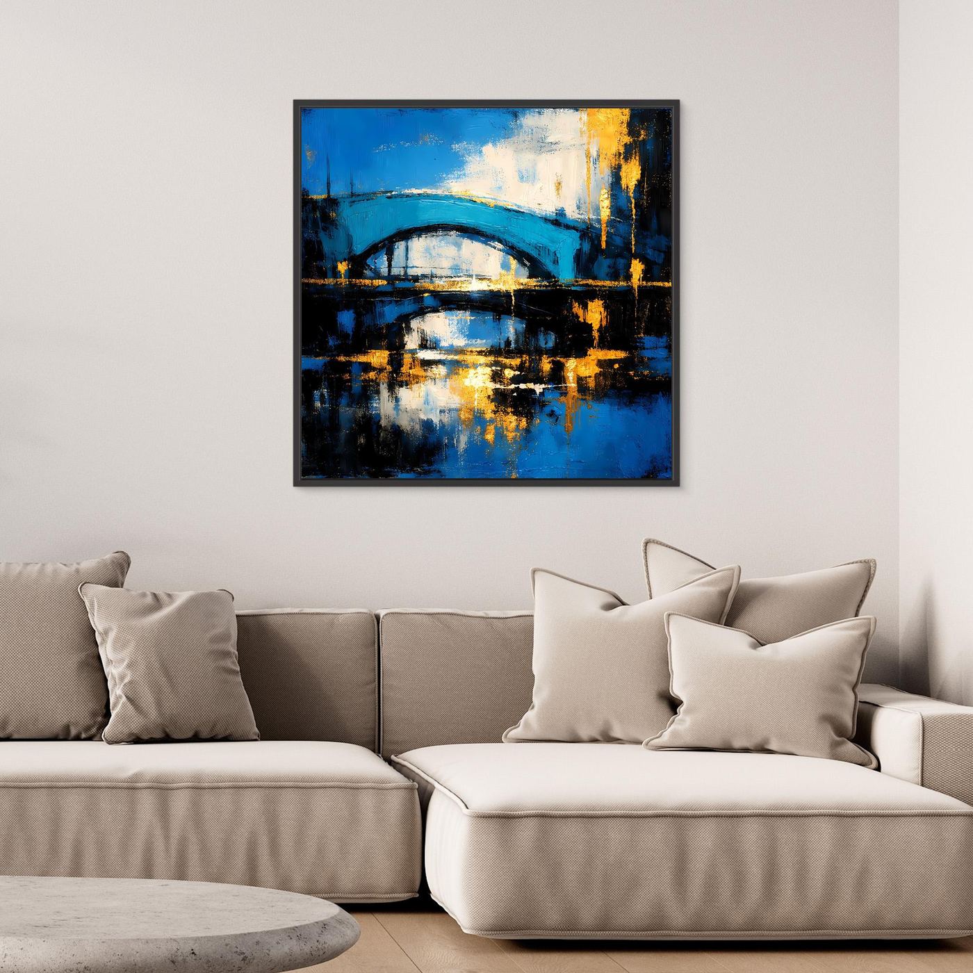 Abstraktes Leinwandbild mit Brücke in Blau und Gold, mit schwarzem Rahmen.