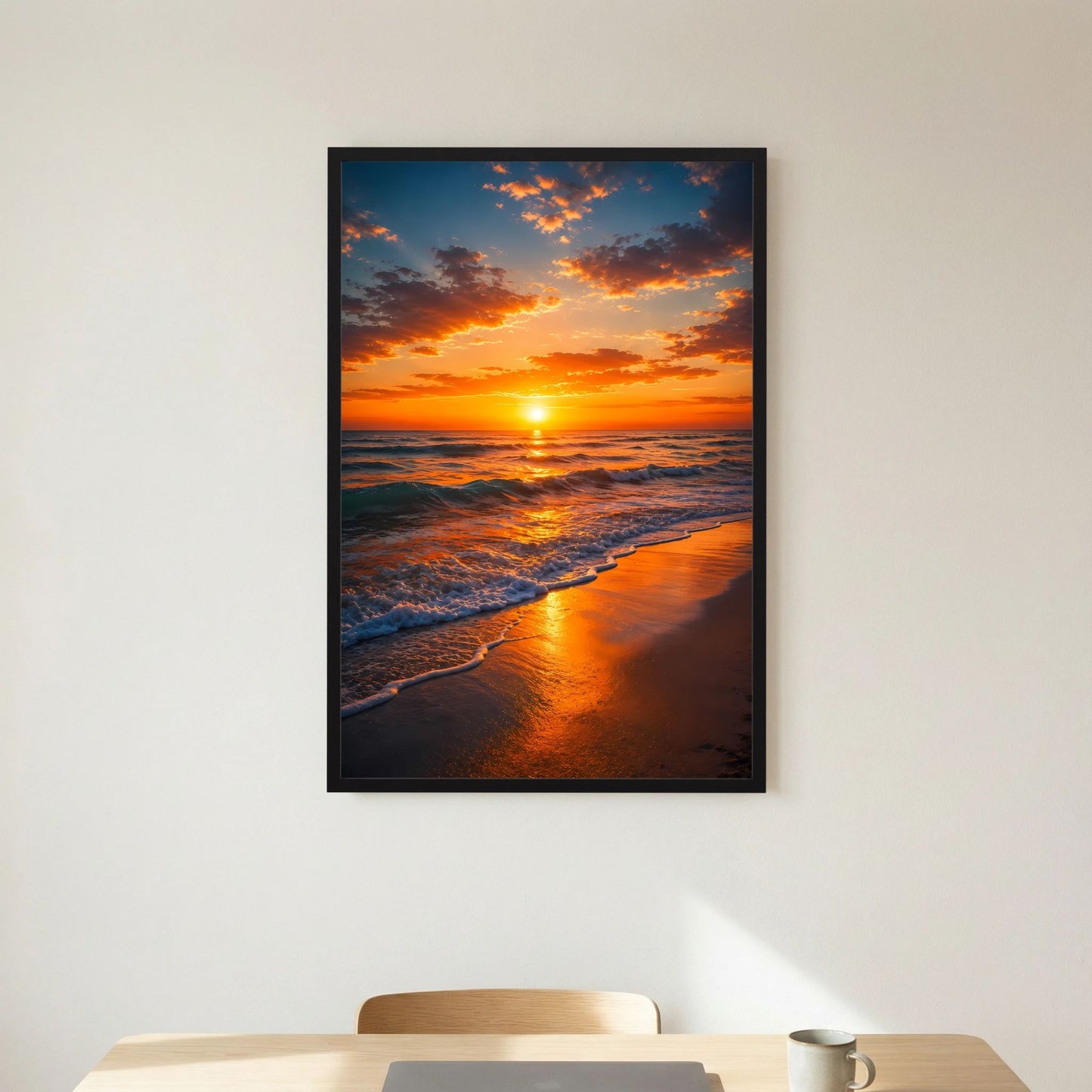 Hochformat-Poster Sonnenuntergang am Meer, schwarzer Rahmen, goldener Strand mit Wellen