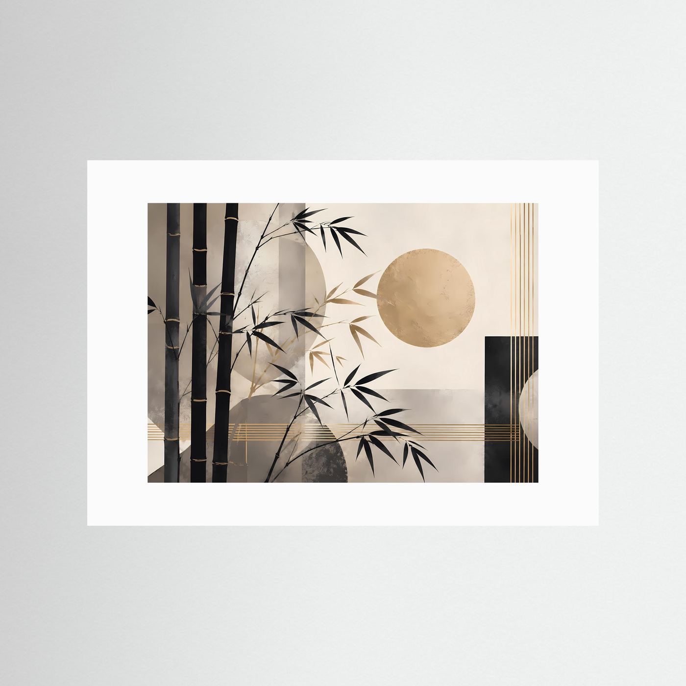 Querformat-Poster mit Bambusmotiv, goldenen Linien und Kreisform in Schwarz-Gold, mit weißem Passepartout