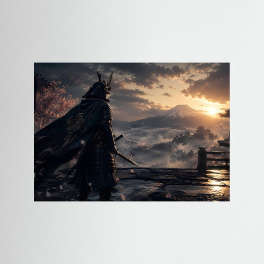 Samurai-Poster mit stehender Kriegerfigur im Dunkelblau vor Bergkulisse