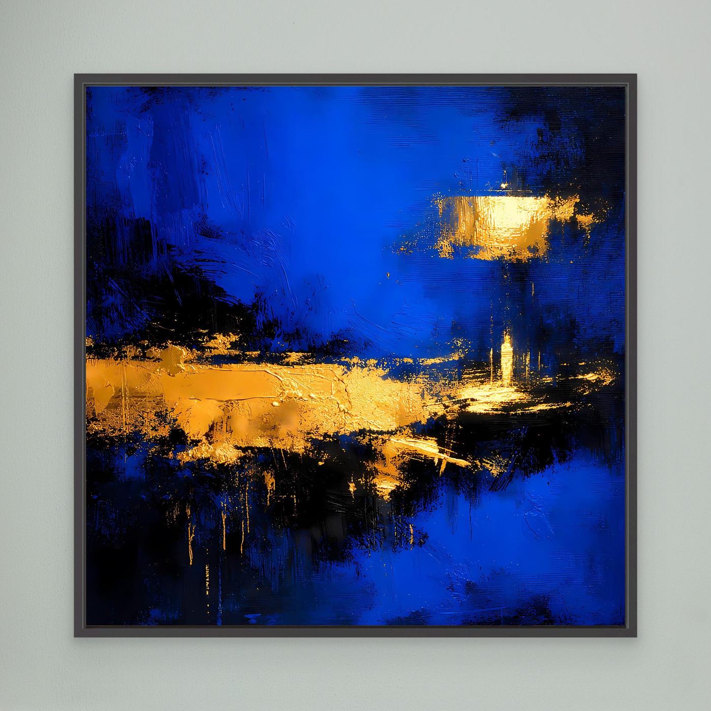 Leinwand Abstrakte Meereslandschaft bei Nacht | Modernes Küsten Wandbild in Blau und Gold