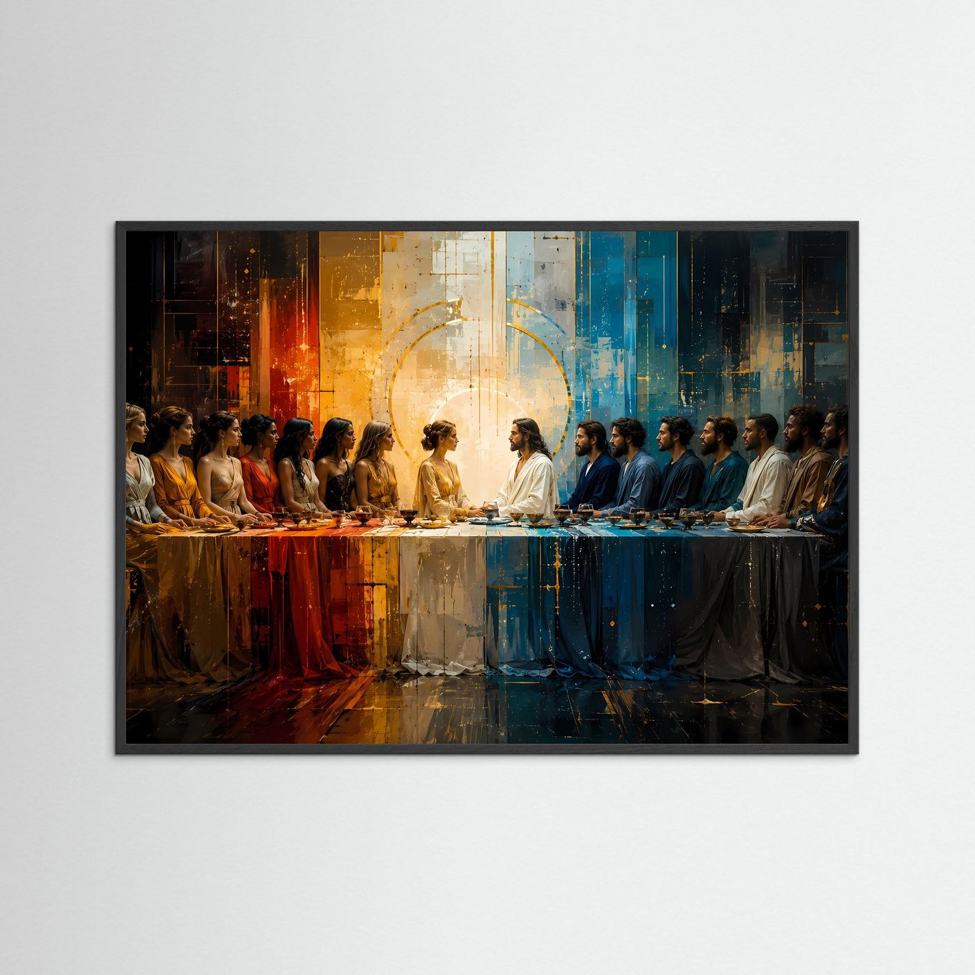 Kunstdruck „Abendmahl“ mit Personen am langen Tisch, leuchtender Halbkreis im Hintergrund