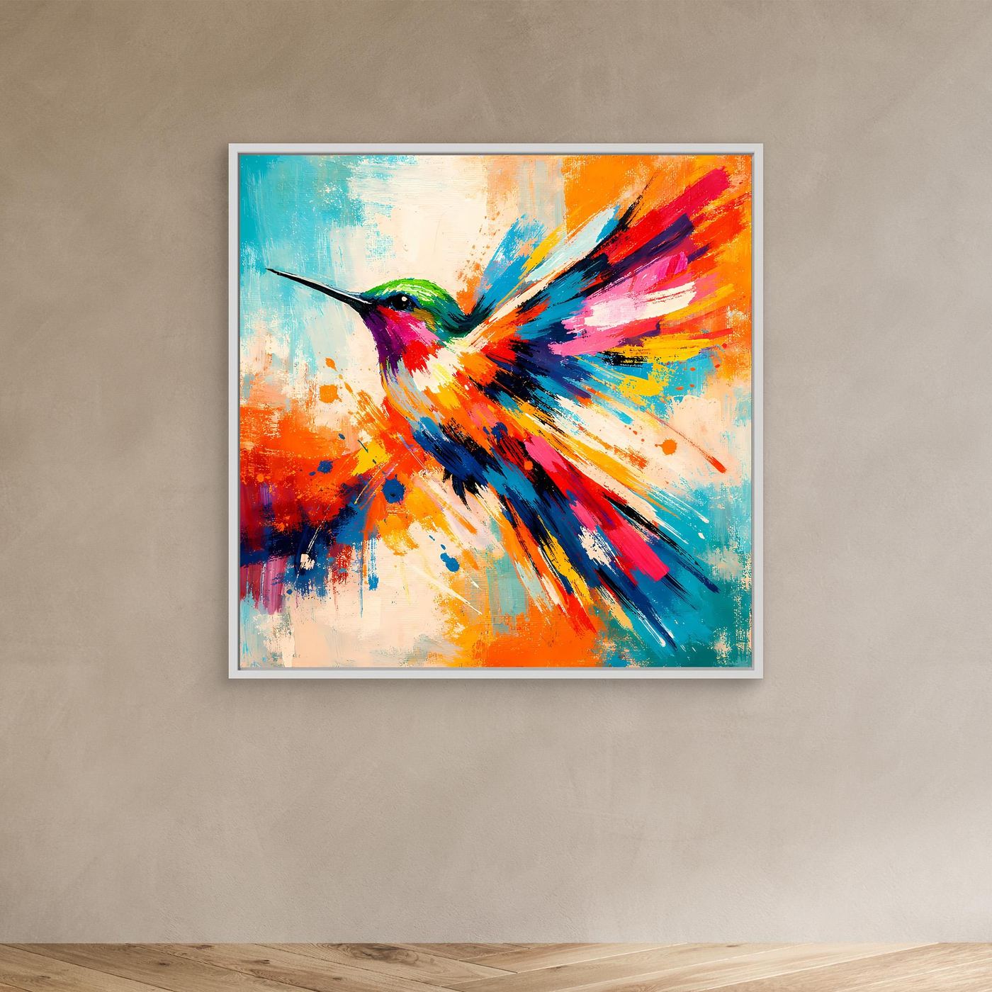 Premium Leinwand Kolibri Farbexplosion | Abstraktes Wandbild Modernes Vogel Poster