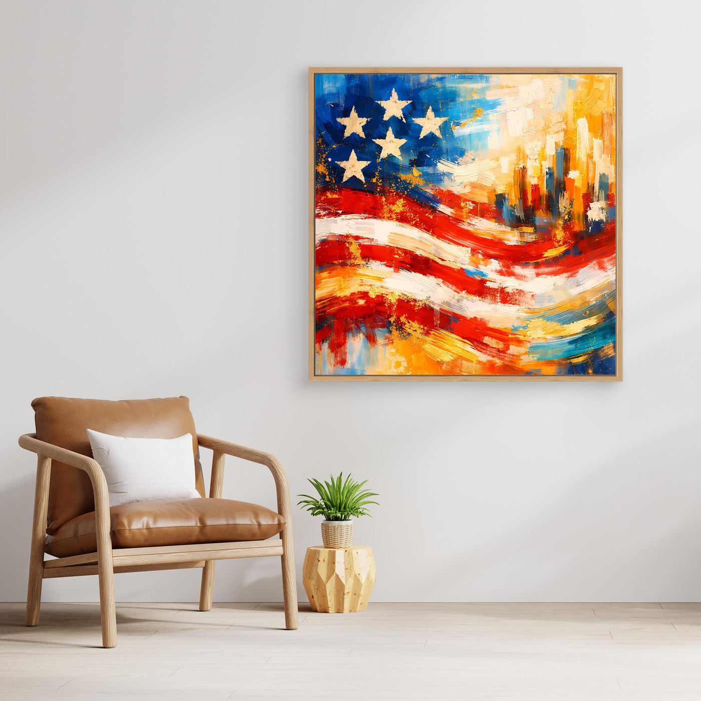 Gerahmtes Leinwandbild mit abstrakter US-Flagge und Skyline, Rot-Blau-Gelb