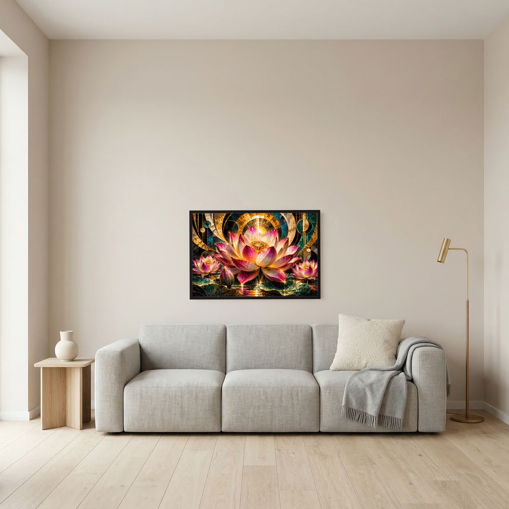 Kleines Wandposter mit Lotusblüten im Mosaikstil, Pink/Gold/Türkis, dunkel gerahmt