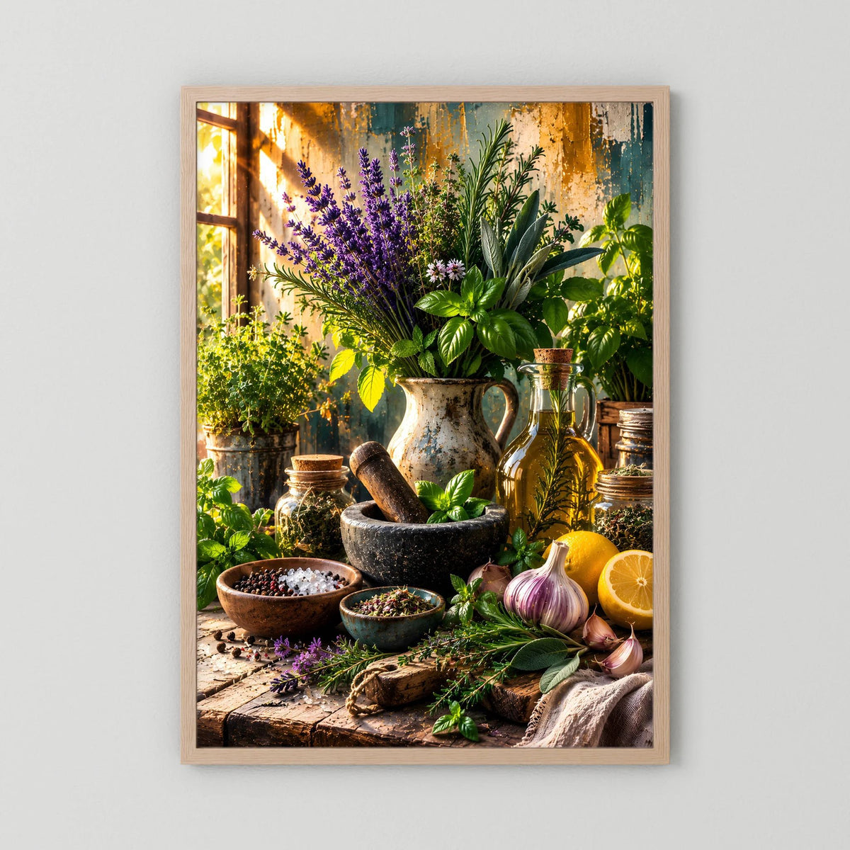 Gerahmtes Kräuter-Poster mit Lavendel und Basilikum in Keramikgefäßen