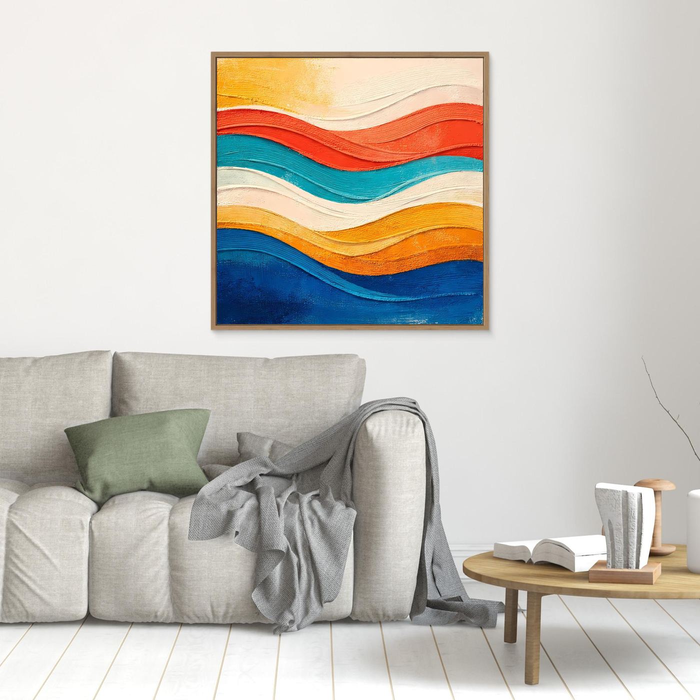 Abstraktes Leinwand-Wandbild mit wellenförmigem Relief, brauner Rahmen