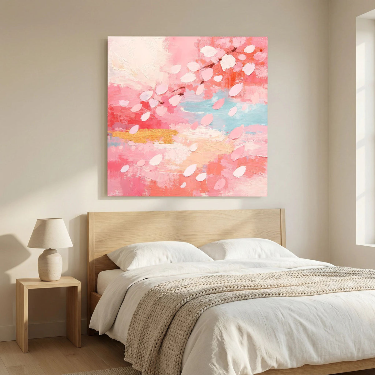 Leinwand-Wandbild mit abstrakten Kirschblüten in zarten Rosatönen und hellblauen Flächen