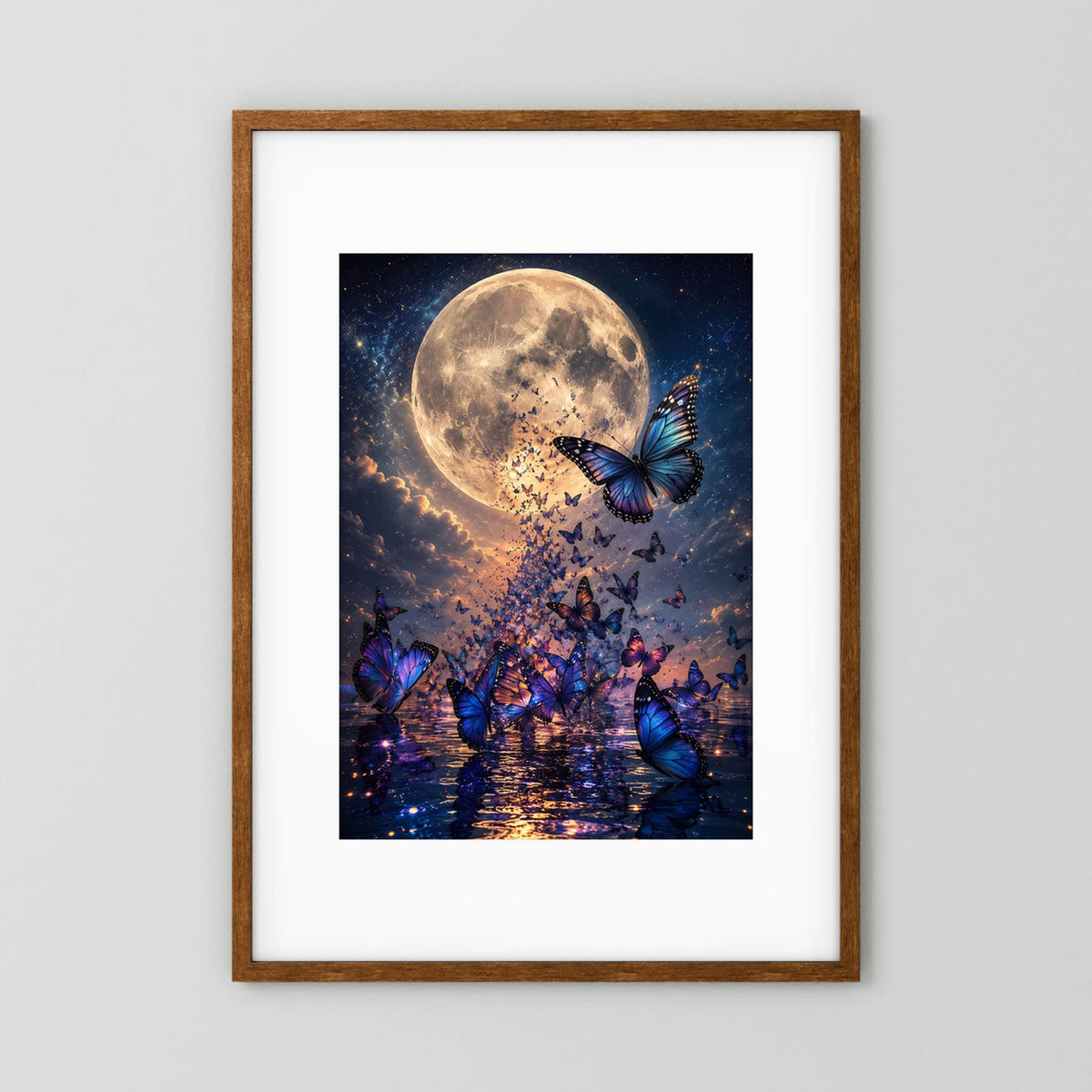 Poster mit Mond und blauen Schmetterlingen im Nachthimmel, im braunen Holzrahmen