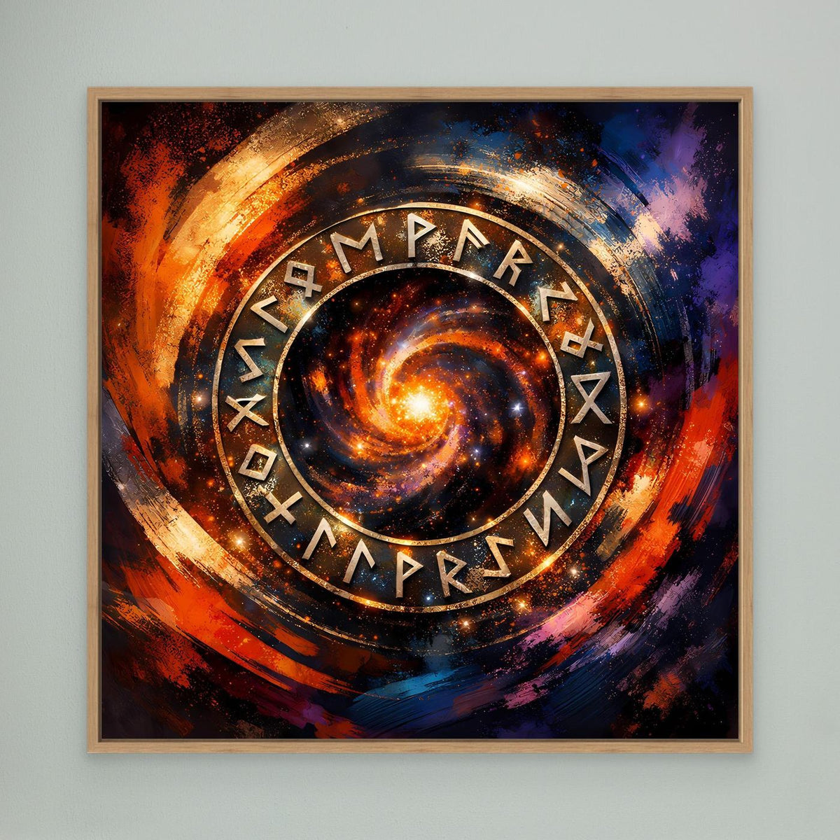 Leinwandbild mit Runenkreis im Kosmos und Galaxie-Design, in beigem Holzrahmen
