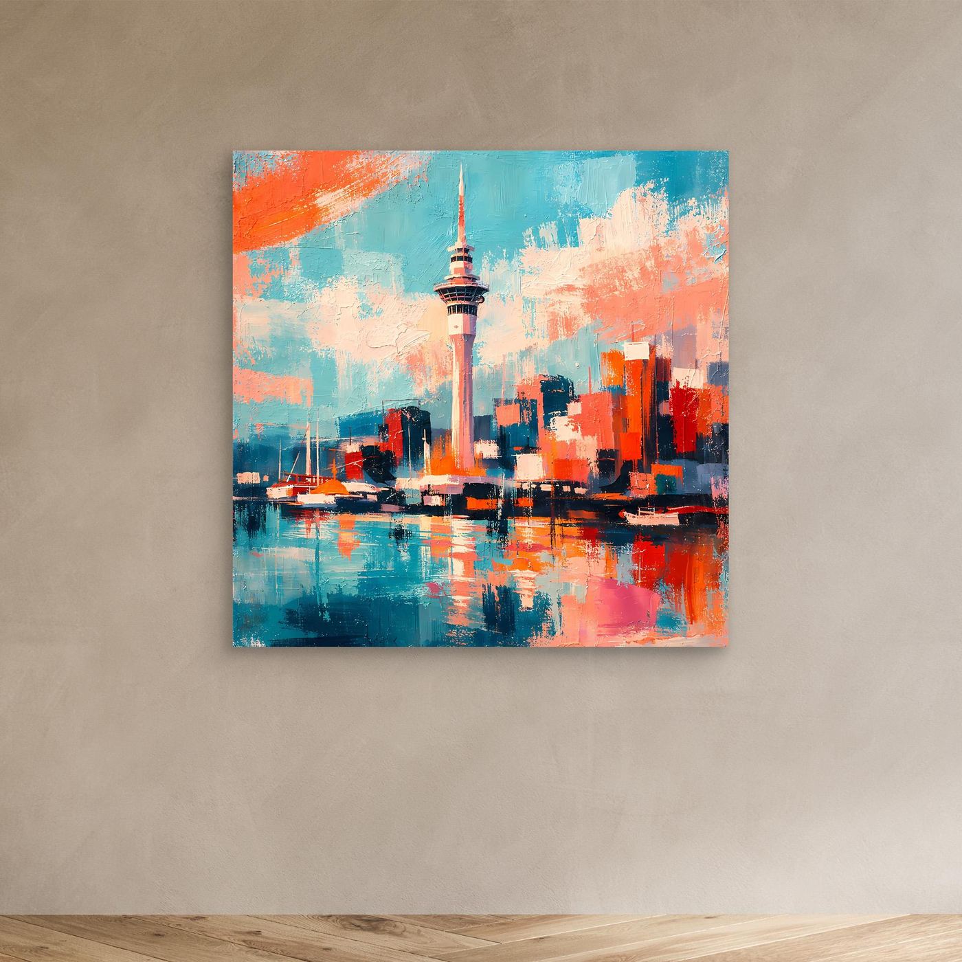 Abstraktes Leinwandbild mit Skyline und Turm, Blau-, Orange- und Rottöne