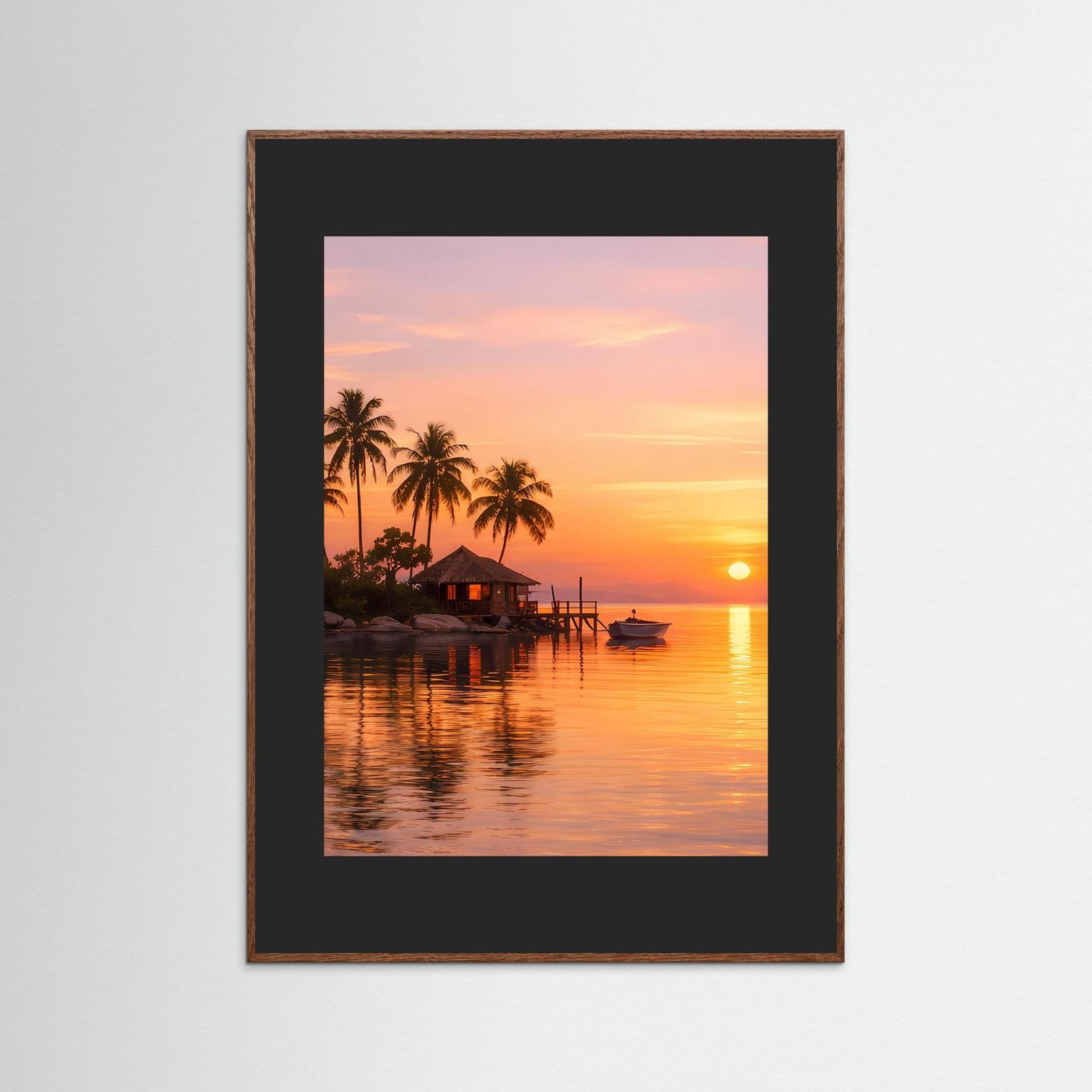 Tropisches Insel-Wandbild im Sonnenuntergang, brauner Rahmen, dunkles Passepartout
