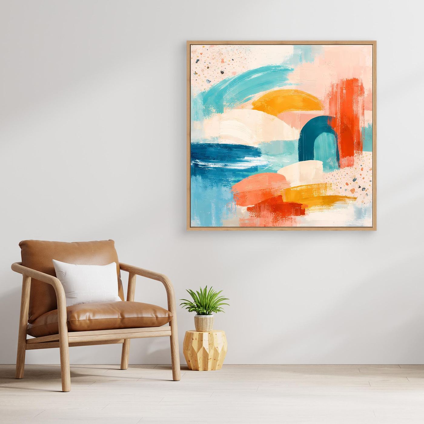 Abstract canvas wall art with pastel geometric shapes, terrazzo texture, oak frame