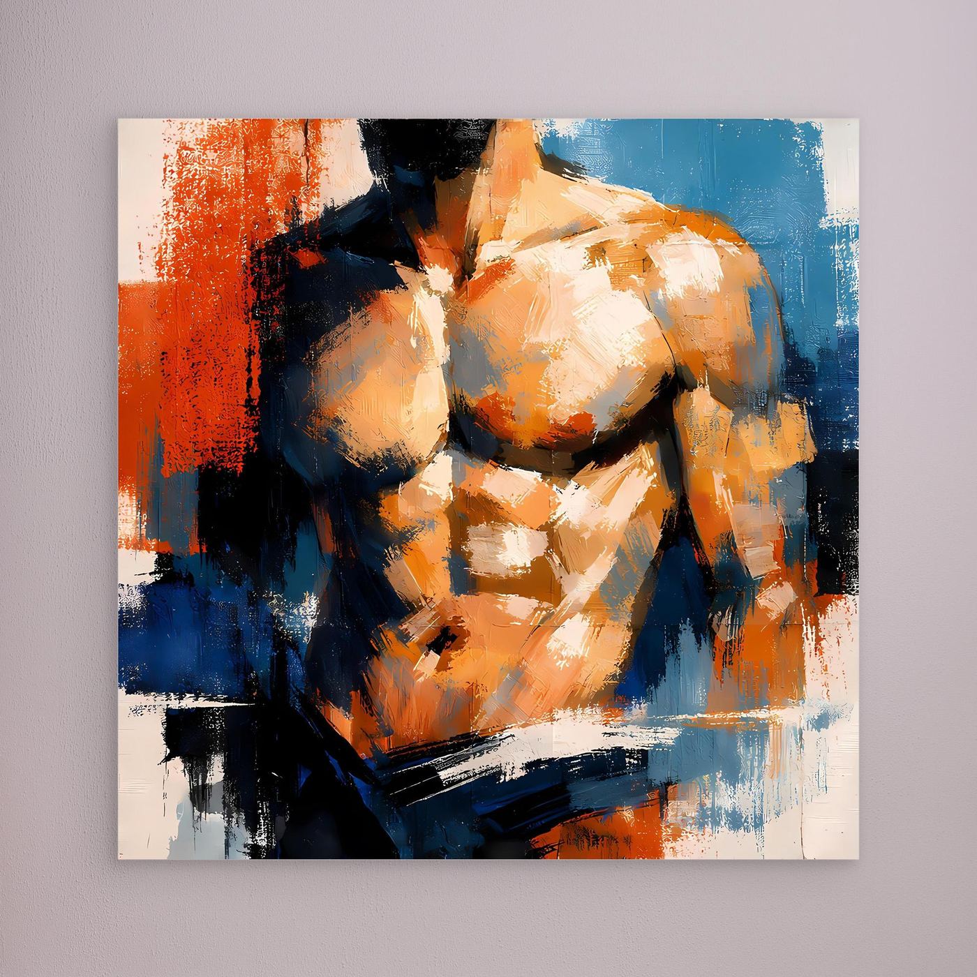 Unframed abstract male torso painting with orange, blue, and black brush strokes