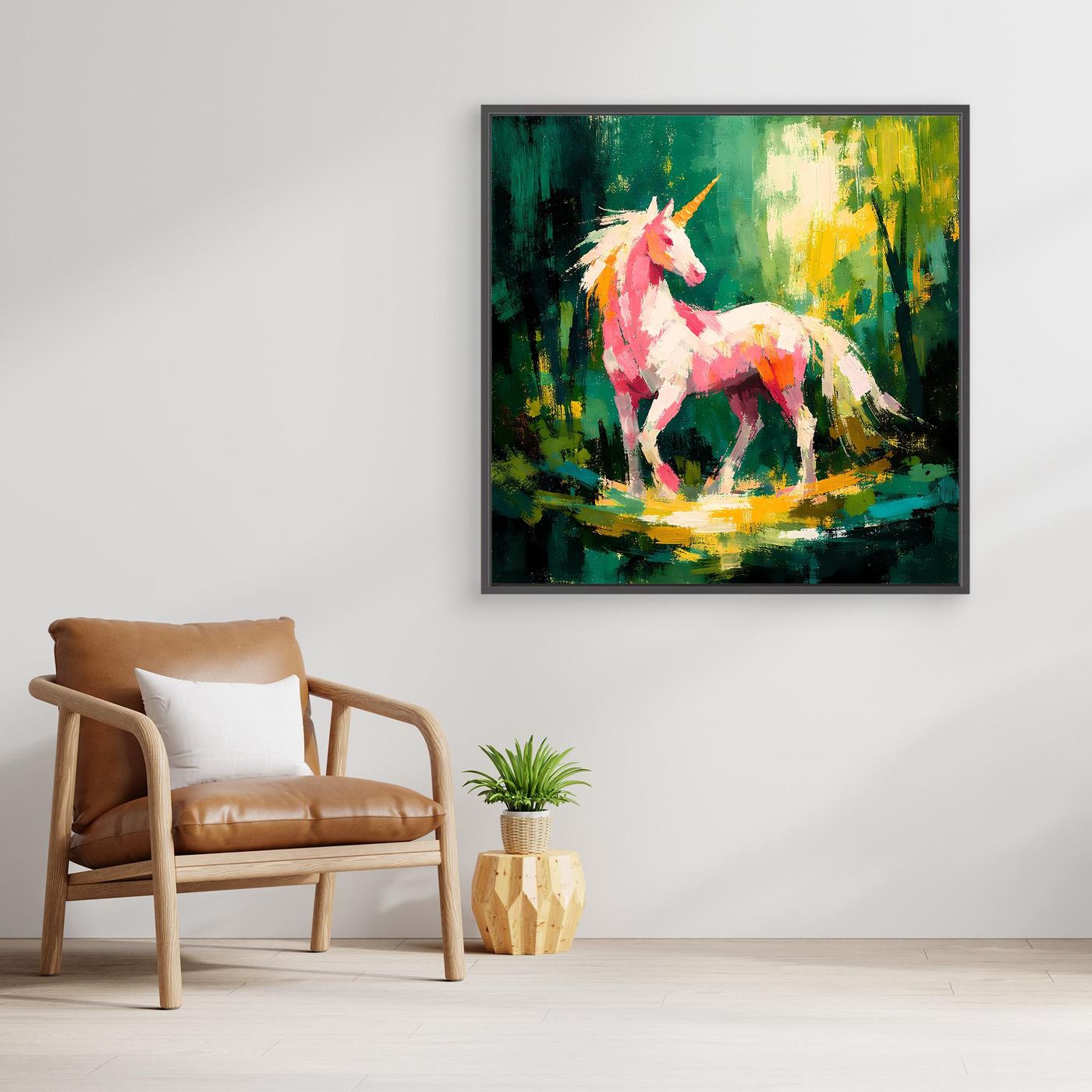 Leinwand Anmutiges Einhorn im Zauberwald | Abstraktes Fantasy & Natur Wandbild