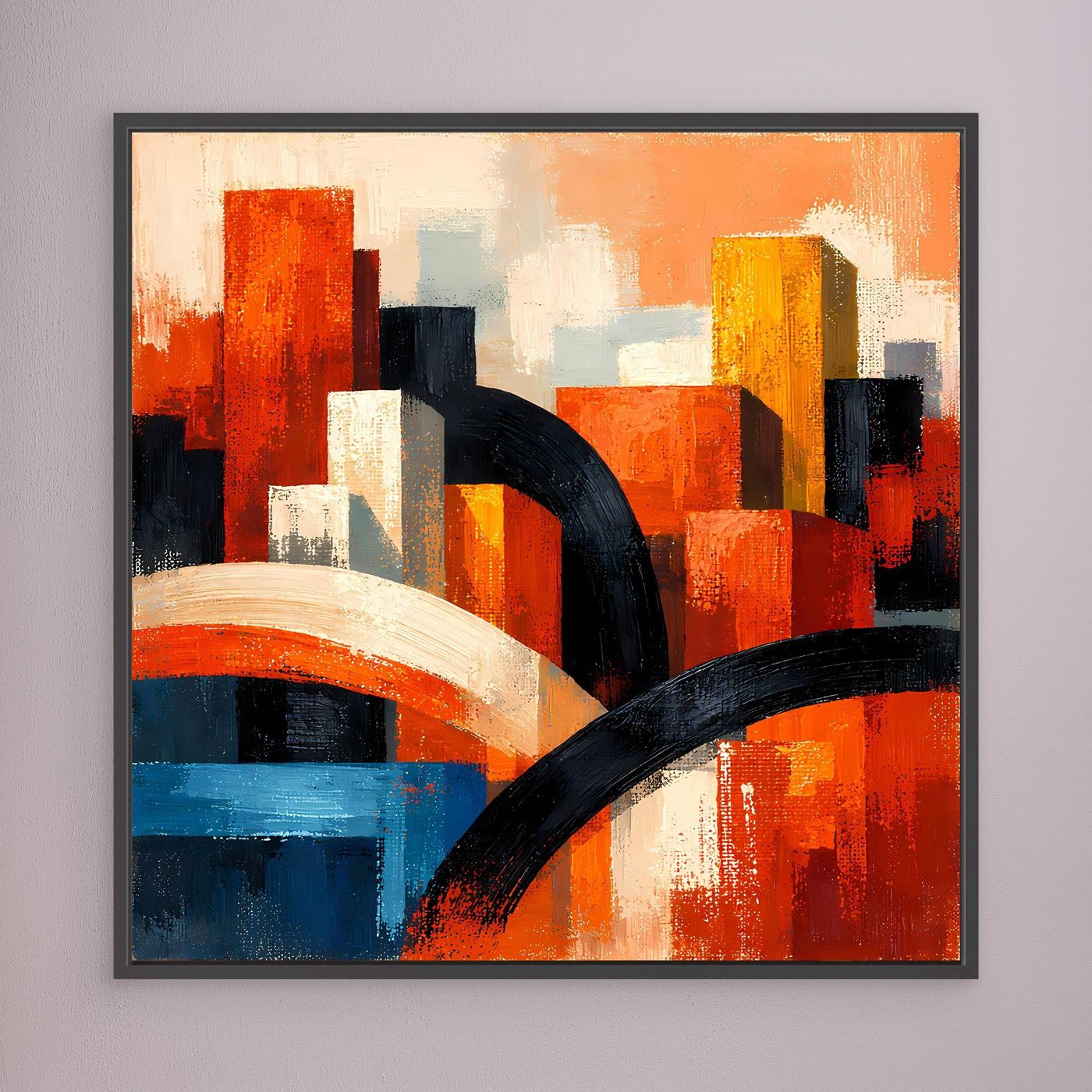 Abstraktes Skyline-Leinwandbild im schwarzen Rahmen: orange, rot und blau, mit schwarzer Bogenlinie.