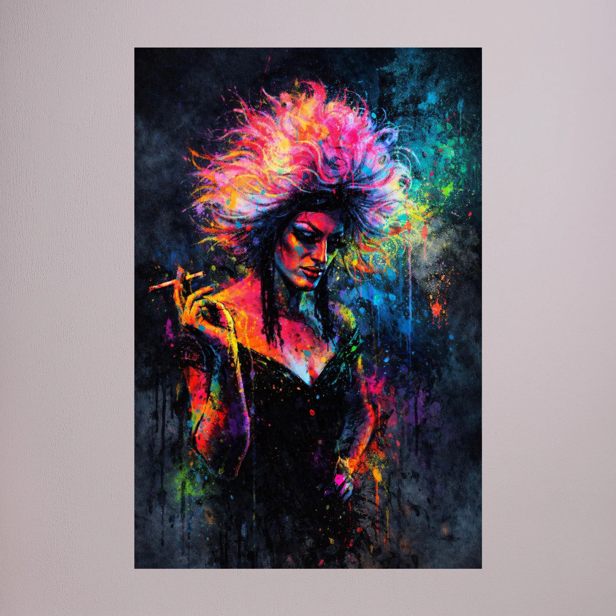 Hochformatiges Poster: Drag-Queen mit leuchtender Perücke und Zigarette, Neonfarben