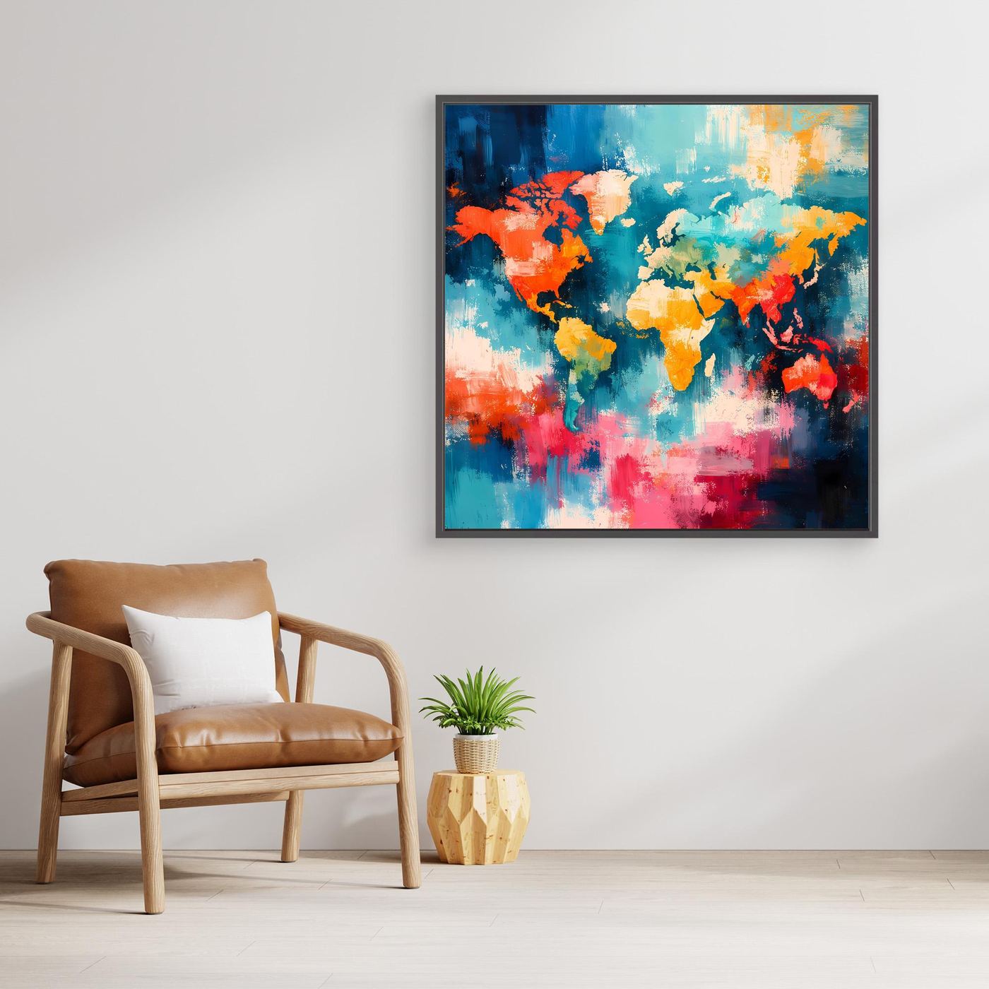Framed abstract world map wall art with colorful paint splatters on blue