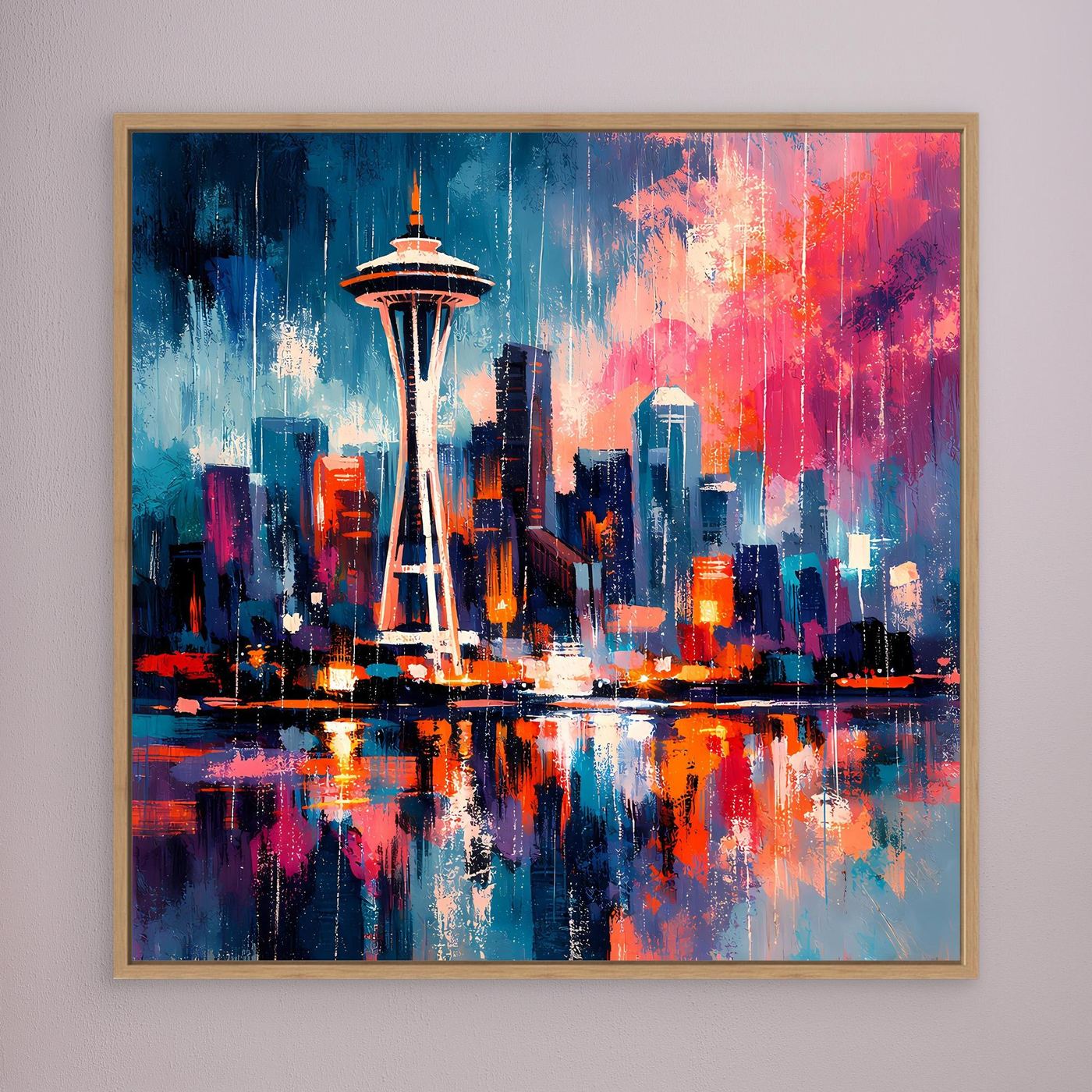 Wandbild mit abstrakter Skyline und Space Needle, Holzrahmen, Spiegelung im Wasser