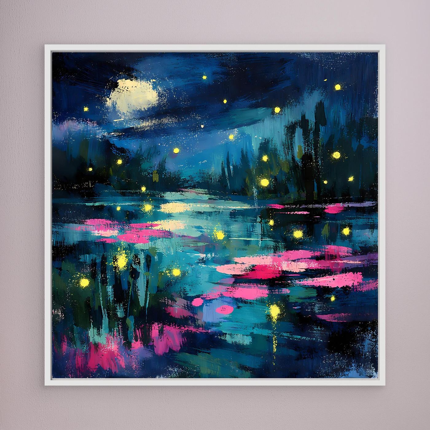 Abstract night lake wall art with glowing fireflies, blue water and pink lily pads, white frame
